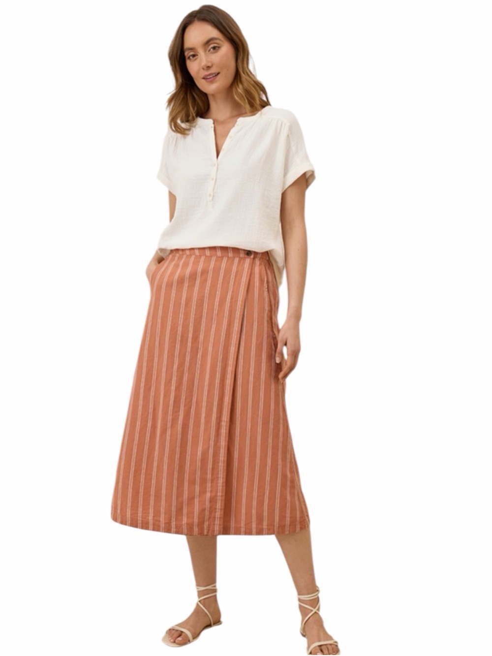 Pact Canopy Linen Blend Wrap Skirt in Hermosa Stripe Colorway Size Small